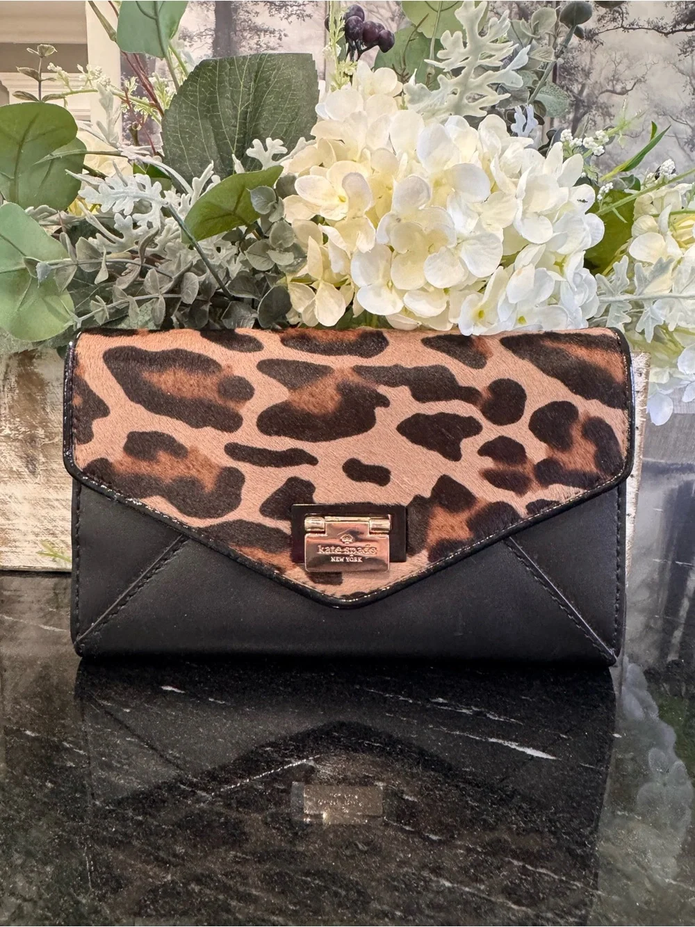 Kate Spade Leopard Calf Hair Wallet On Chain Crossbody Clutch Black